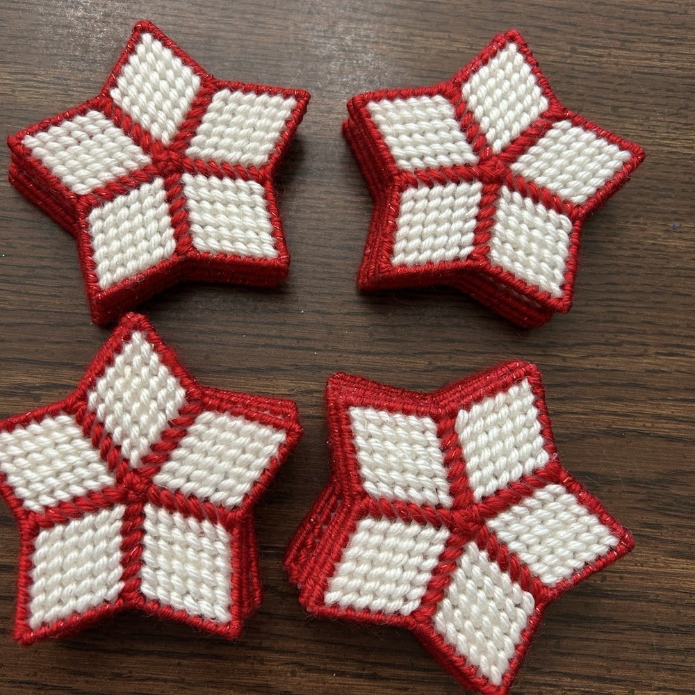 Lot Of 10 Vintage Handmade Plastic Needlepoint Star Christmas OrnamentsRed White